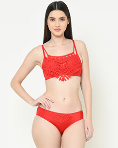 Da Intimo Lace Overlay Bralette Lingerie Set - Red