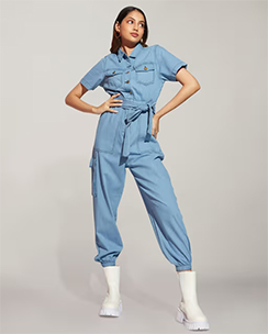 Twenty Dresses by Nykaa Fashion Blue Half Sleeves Denim Jumpsuit