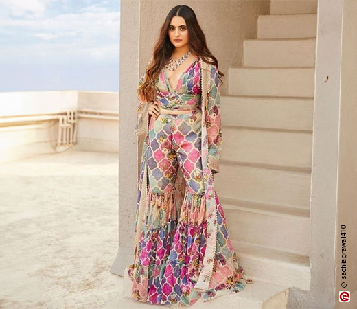 Model wearing colourful indo-western co-ord set