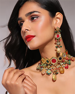 Ruby Raang Studio Handcrafted Multi Beaded Kundan Choker With Long Earrings