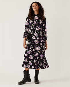 Marks & Spencer Black Satin Floral Button Detail Midi Dress