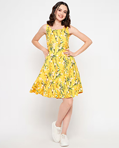 Uptownie Lite Womens Stretchable Printed Fit & Flare Skater Dress Yellow