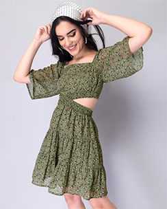 FabAlley Green Floral Waist Cut-Out Dress