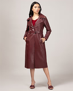 Twenty Dresses by Nykaa Fashion Wine Solid Midi Faux Leather Overcoat With Belt
