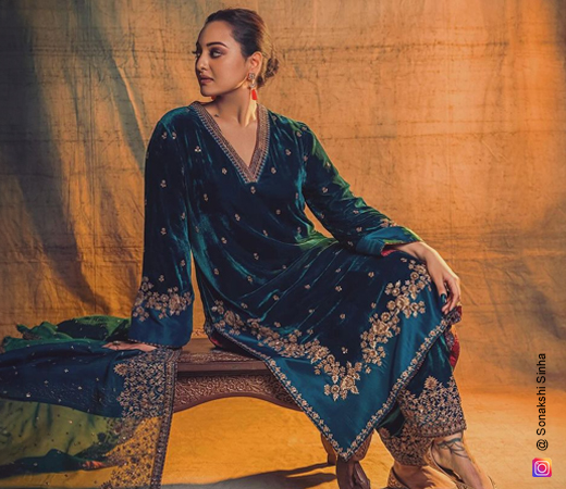 Sonakshi Sinha wearing a velvet suit