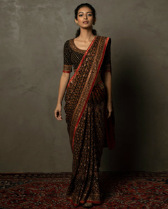 RI.Ritu Kumar Black & Rust Rajkot Saree with Unstitched Blouse