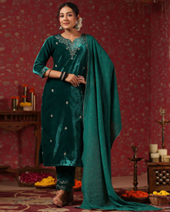 ISHIN Velvet Ethnic Motifs Zari Green Straight Kurta with Pant & Dupatta 