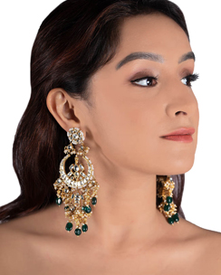 RIANA JEWELLERY White Chand Baali With Golden Balls and Green Beads
