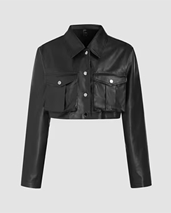 Cider Faux Leather Collar Solid Pocket Crop Jacket