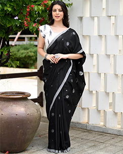 Beatitude Black Handloom Cotton Jamdani Saree with Unstitched Blouse
