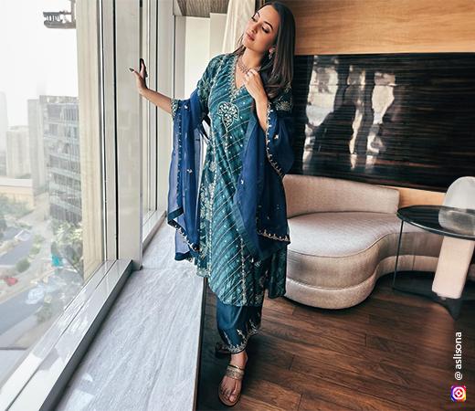 Sonakshi Sinha wearing a teal kurta set
