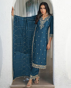 Seerat Teal Floral & Thread Work & Hanging Pearl on Daman Kurta with Pant & Dupatta (Set of 3)
