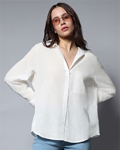 High Star Women White Long Sleeves Solid Oversized Casual Shirt
