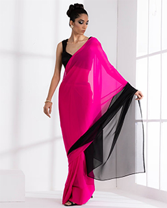 Swtantra Fuchsia & Black Triangle Georgette Saree with Unstitched Blouse