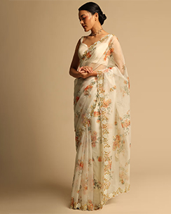 KALKI FASHION Pearl White Saree In Organza Floral Print All Over with Unstitched Blouse