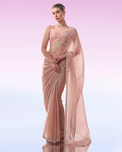 Nyri Party All Over Tiny Stones With Scallop Border Organza Peach Saree & Unstitched Blouse