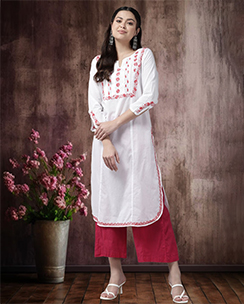 ADA Hand Embroidered Lucknowi Chikankari White-Carrot Pink Cotton Kurta