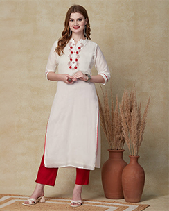 FASHOR Solid Beads & Resham Embroidered Kurta White