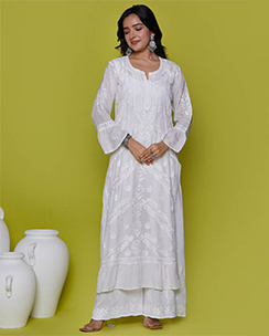 House of Chikankari Muslin Chikankari Womens Long Kurta-White