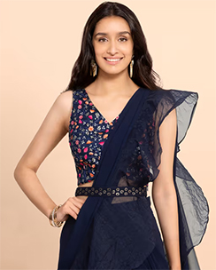 Indya Shraddha Kapoor For INDYA Women Navy Floral Embroidered Sleeveless Crop Top
