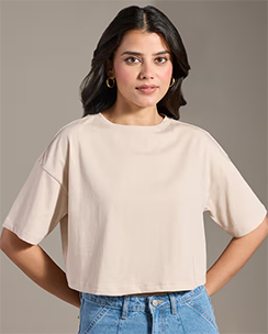 Twenty Dresses by Nykaa Fashion Basics Beige Solid Oversized Crew Neck Crop T-Shirt
