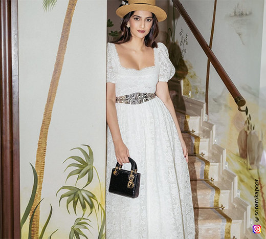 Sonam Kapoor wearing a white lace dress