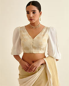 Abhishti Soft White Uppada Silk Blouse with Puff Sleeves
