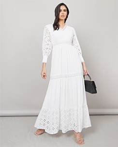 Styli White Broderie Detail Lace Insert A-Line Maxi Dress
