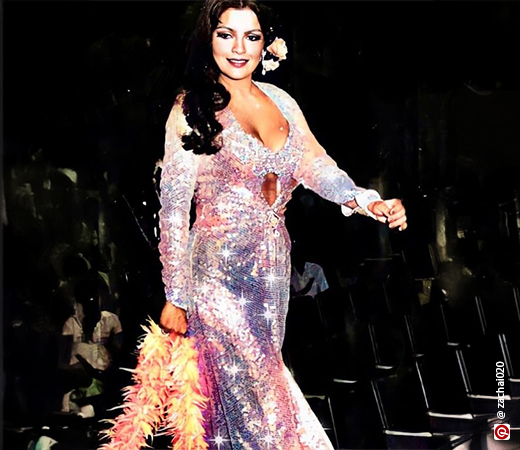 Actor Zeenat Aman in a sequin silver dress
