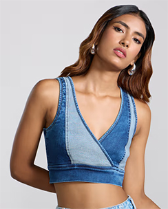 MIXT By Nykaa Fashion Dark Blue V Neck Washed Fitted Denim Bralette Top
