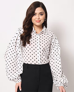 Trend Arrest White Polka Dot Balloon Sleeve Shirt
