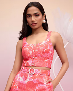 RSVP by Nykaa Fashion Pink Floral Printed Scoop Neck Sleeveless Crop Top