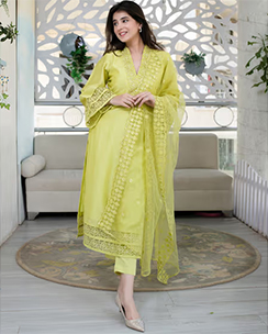 Label Shaurya Sanadhya Lime Green Kurta with Lace Work (Set of 3)