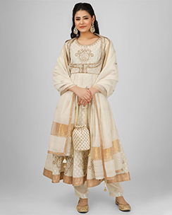 House of Supriya Off White Embellished Chanderi Anarkali Kurta with Pant & Dupatta (Set of 3)