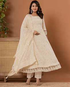  Varanga Off White Mirror Thread Work Anarkali Kurta with Pant & Dupatta (Set of 3)
