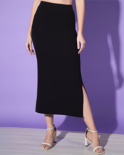  Buynewtrend Black Solid Below Knee Slit Women Pencil Midi Skirt
