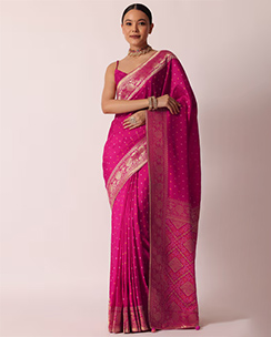 KALKI FASHION Rani Pink Banarasi Saree with Bandhani Buttis and Unstitched Blouse