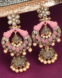 OOMPH Pink Meenakari Peacock Design Kundan Jhumka Earrings
