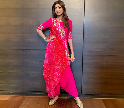 Shilpa Shetty wearing a pink dhoti co-ord set