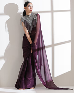 Dual Shade Wine Shimmer Chiffon Saree