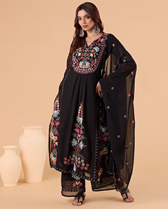 Georgette Heavy Scallop Detail Black Kurta and Palazzo with Dupatta