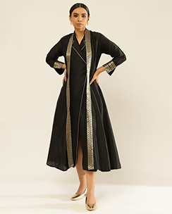 Lapel Collared Wrap Dress with Banarasi Jacket Metallic Black