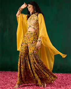 Rishi Vibhuti Yellow Printed Top, Sharara & Jacket Co-ord Set