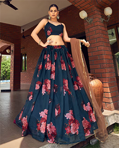 Teal Blue Floral Printed Semi-Stitched Lehenga Choli with Brown Dupatta