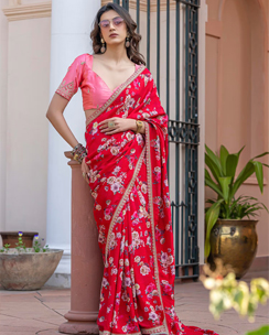 Women's Viscose Silk Red Printed Designer Saree with Unstitched Blouse