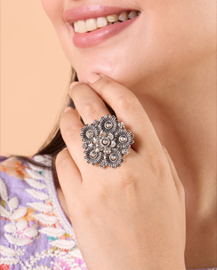 Silver Oxidized Floral Adjustable Ring