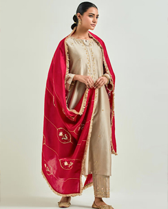 Red Silk Chanderi Embroidered Dupatta with Gota