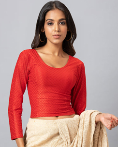 Women Red Cotton Lycra Readymade Stitched Blouse