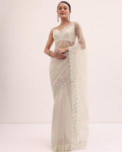 Off White Organza In Sequins Saree with Unstitched Blouse