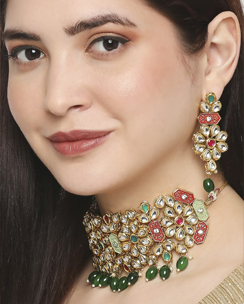 Green and Red Meenakari and Kundan Ethnic Choker Necklace Set with Drop Earrings